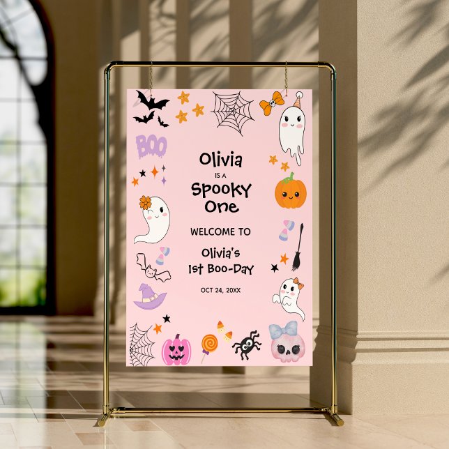Poster Pink Éffrayant Un Halloween 1er anniversaire Bienv (Pink Spooky One Cute Ghost Halloween 1st Birthday Welcome Sign )