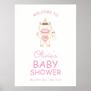 Poster Pink Fairytale Unicorn Bouteille Baby shower Bienv