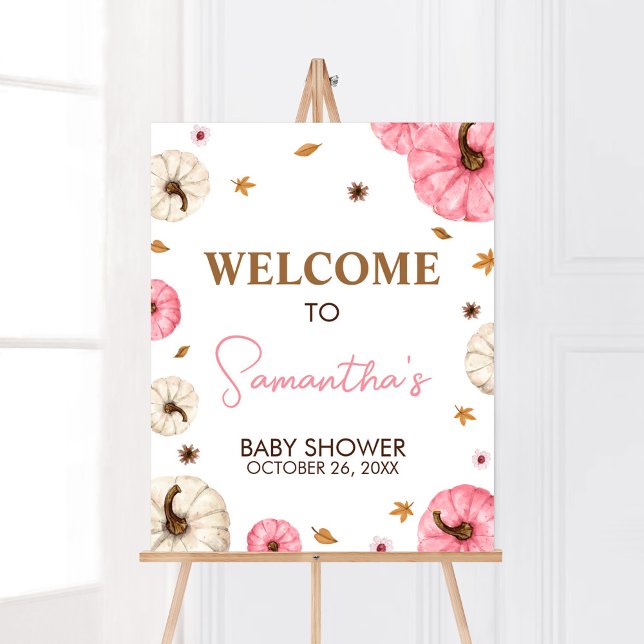 Poster Pink Fall Little Citrouille Baby shower Bienvenue (Girl Fall Pumpkin Baby Shower Welcome Sign)
