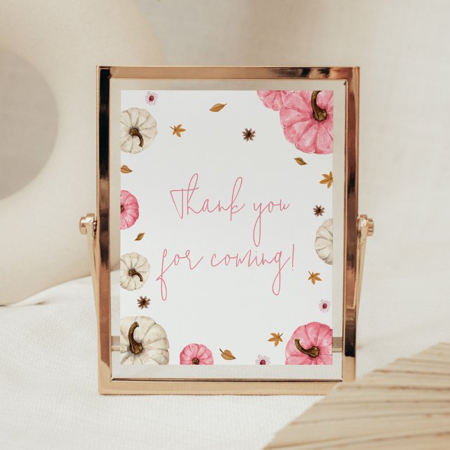 Poster Pink Fall Petit Merci Citrouille pour venir (Girl Fall Pumpkin Baby Shower Thank you for Coming Sign)