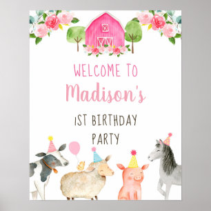 Poster Pink Farm Barnyard Floral Anniversaire Bienvenue
