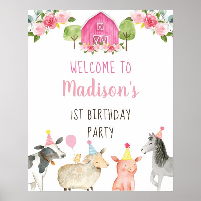 Poster Pink Farm Barnyard Floral Anniversaire Bienvenue (Devant)