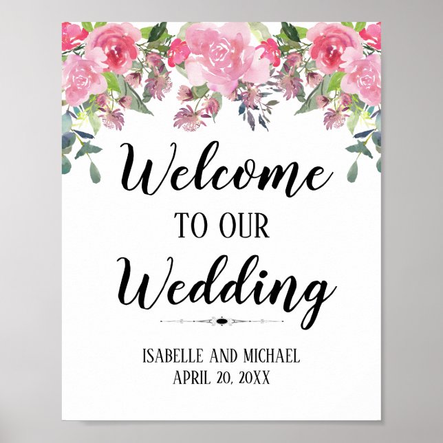 Poster Pink Floral Aquarelle Welcome Mariage Sign (Devant)