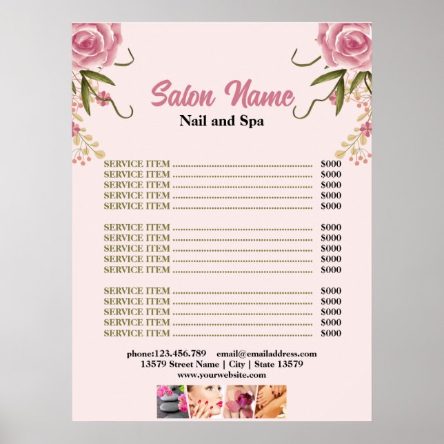 Poster Pink Floral Beauty Nail Salon Prix du menu (Devant)