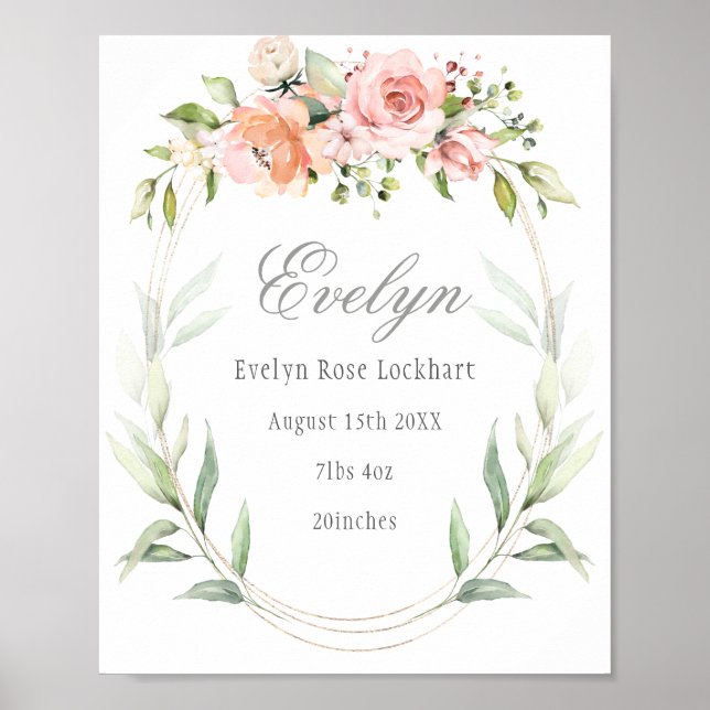 Poster Pink Floral Foliage Bébé Faire-part de naissance S (Devant)