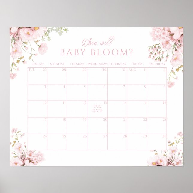 Poster Pink Floral Guess Due Date Baby Girl Bloom (Devant)