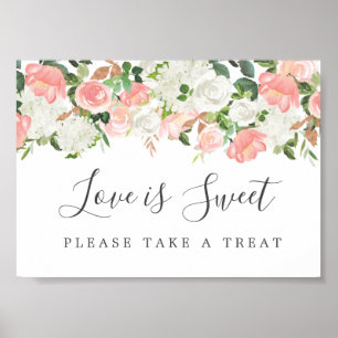 Poster Pink Floral Love is Sweet Mariage Dessert Bar Sign