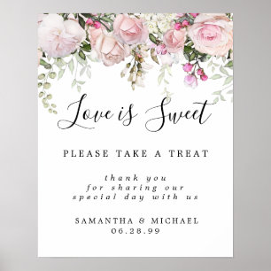 Poster Pink Floral Love is Sweet Mariage Dessert Bar Sign