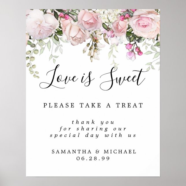 Poster Pink Floral Love is Sweet Mariage Dessert Bar Sign (Devant)