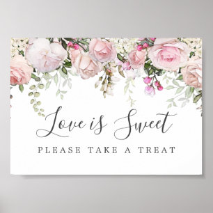 Poster Pink Floral Love is Sweet Mariage Dessert Bar Sign