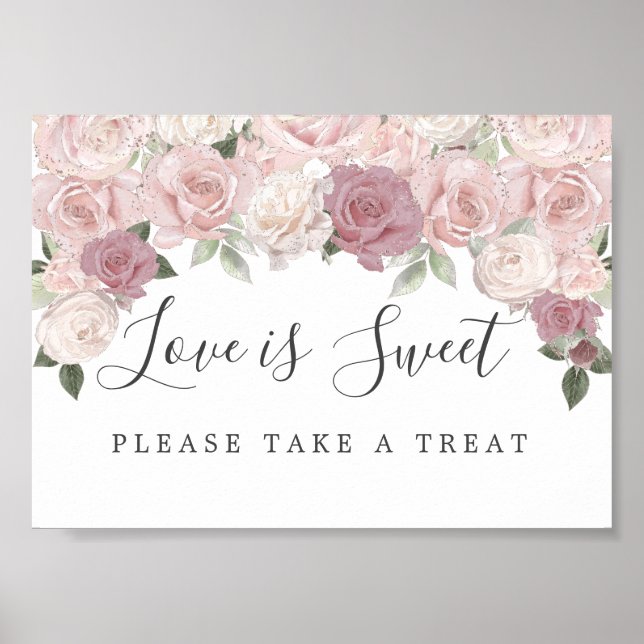 Poster Pink Floral Love is Sweet Mariage Dessert Bar Sign (Devant)