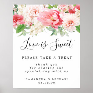 Poster Pink Floral Love is Sweet Mariage Dessert Bar Sign