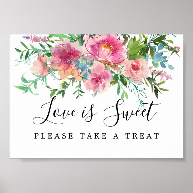 Poster Pink Floral Love is Sweet Mariage Dessert Bar Sign (Devant)