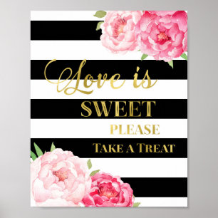 Poster Pink Floral Love is Sweet Sign Gold Black Stripes