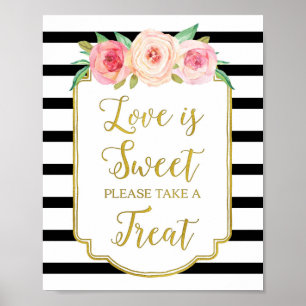 Poster Pink Floral Love is Sweet Sign Gold Black Stripes