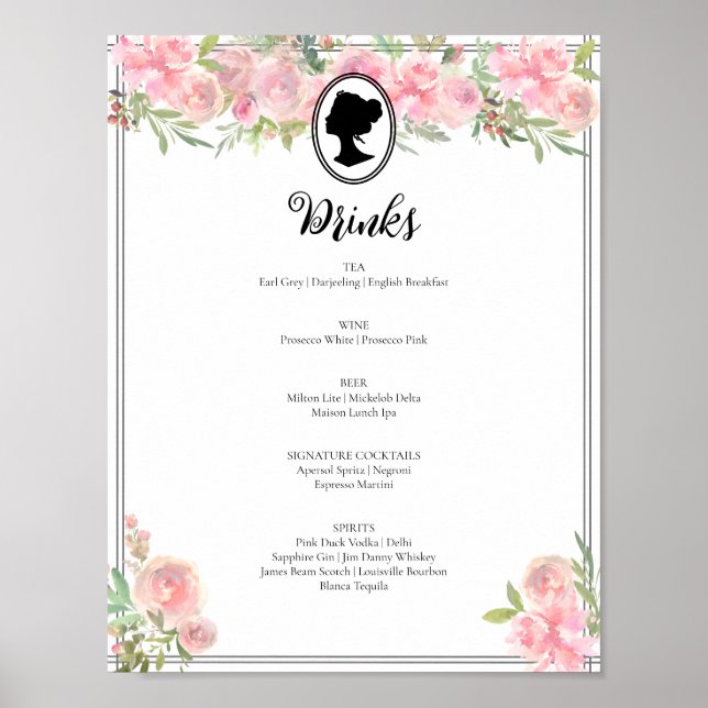 Poster Pink Floral Regency Fête des mariées Cocktail Menu (Devant)