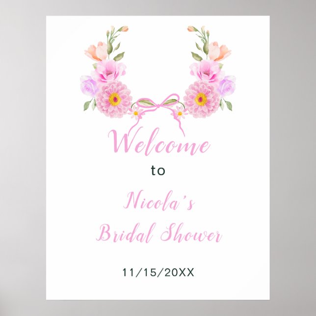 Poster Pink Floral Ribbon Bridal Shower Welcome (Devant)