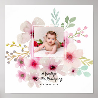 Poster Pink Floral Rose PHOTO BAUTIZO Baptism Girls Named