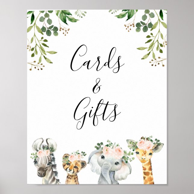 Poster Pink Floral Safari Animaux Filles Baby shower Sign (Devant)