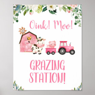 Poster Pink Floral Tractor Animaux de ferme Signal d'anni