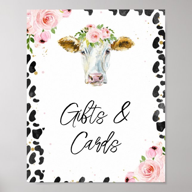 Poster Pink Floral Vache Imprimer carte cadeau Baby showe (Devant)