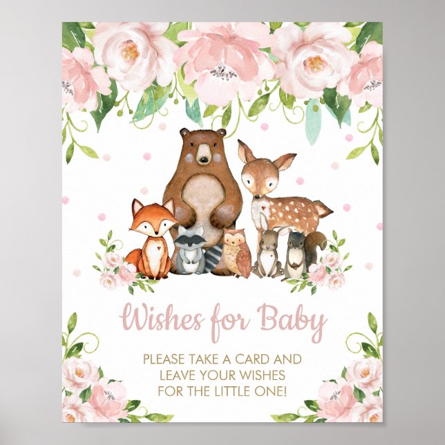 Poster Pink Floral Woodland Animaux Voeux pour bébé Signa (Devant)