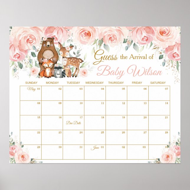 Poster Pink Floral Woodland Guess Baby's Arrival Game (Devant)