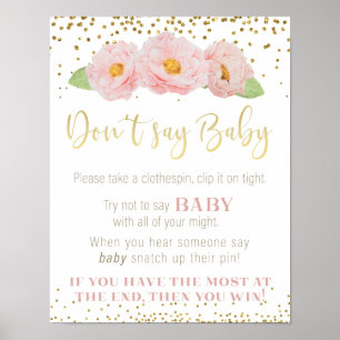 Poster Pink Flowers Gold Don't Say Baby Shower Game Sign