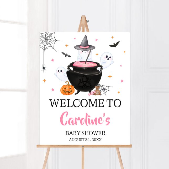 Poster Pink Ghost Halloween Baby brasse Bienvenue (Baby is Brewing Baby Shower Welcome Sign)
