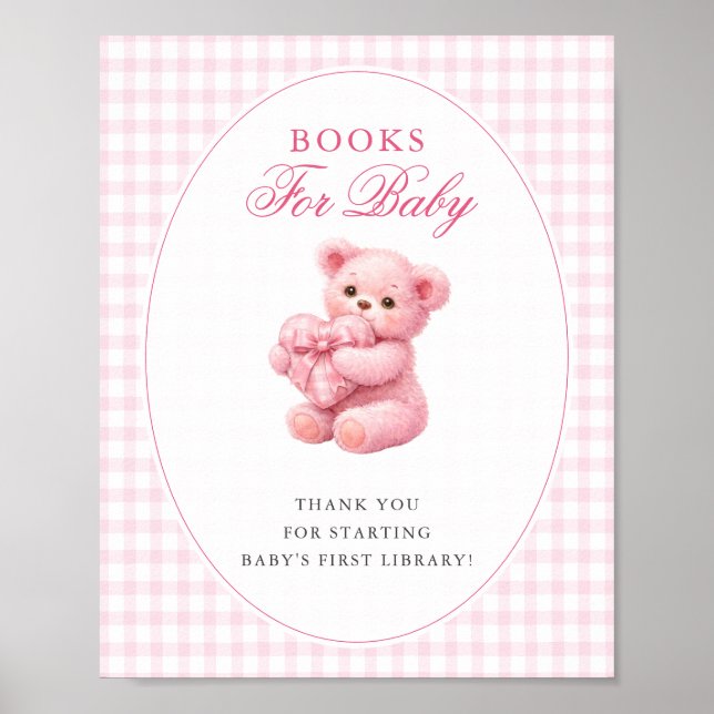 Poster Pink Gingham Teddy Bear Neutral Baby Shower (Devant)