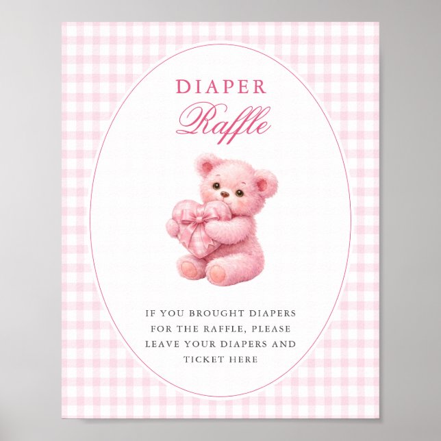 Poster Pink Gingham Teddy Bear Neutral Baby Shower (Devant)