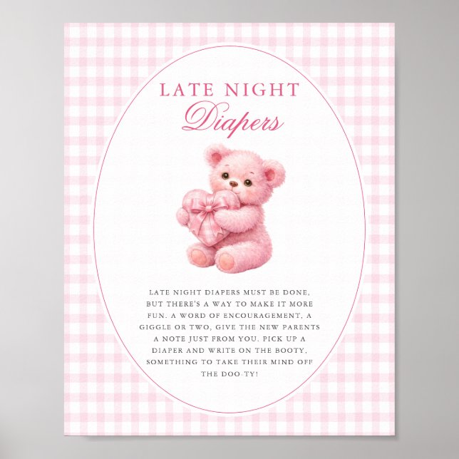 Poster Pink Gingham Teddy Bear Neutral Baby Shower (Devant)