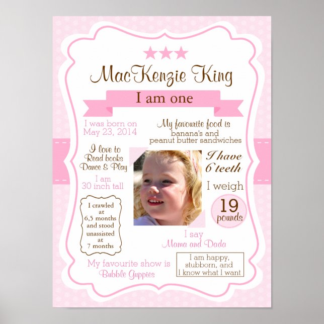 Poster Pink Girl un an signe pour votre fille d'anniversa (Devant)