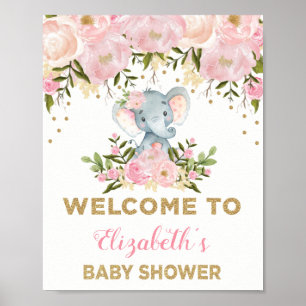 Poster Pink Gold Floral Elephant Baby Shower Welcome Sign