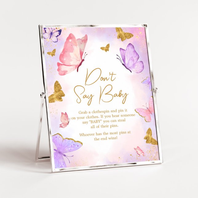 Poster Pink Gold Purple Butterfly Ne pas dire bébé (Boho Butterfly Baby Shower Don't Say Baby Sign)