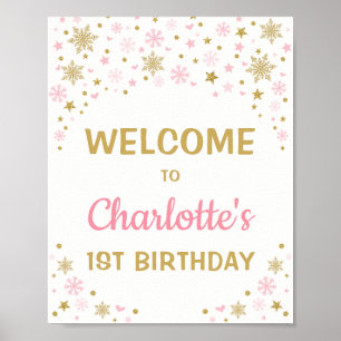 Poster Pink Gold Snowflake Hiver 1er anniversaire Bienven