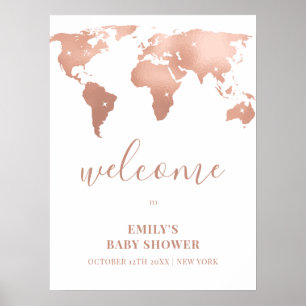 Poster Pink Gold World Map Baby shower d'aventure Bienven