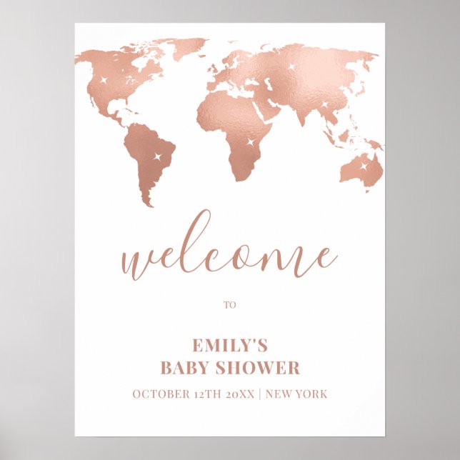 Poster Pink Gold World Map Baby shower d'aventure Bienven (Devant)