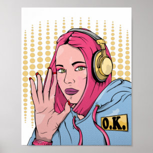 Poster Pink Hair Comic Book Style Woman