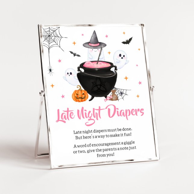 Poster Pink Halloween Baby est en train de brasser des co (Baby is Brewing Baby Shower Late Night Diapers Sign)