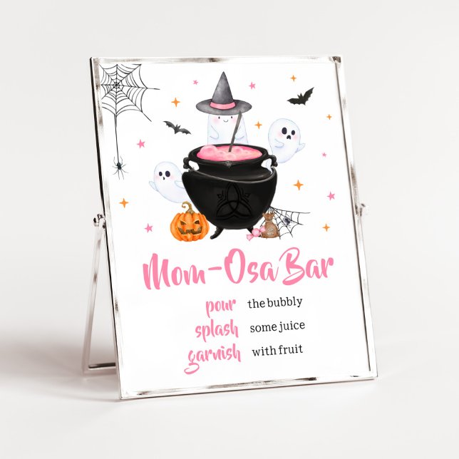 Poster Pink Halloween Baby est en train de brasser Maman  (Baby is Brewing Baby Shower Mom Osa Bar Sign)