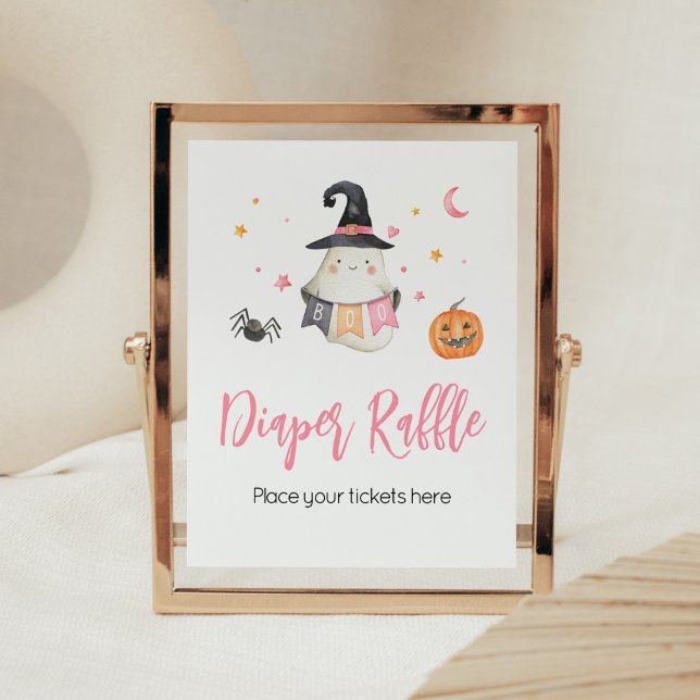 Poster Pink Halloween Ghost Little Boo Baby shower (Little Boo Baby Shower Diaper Raffle Sign)