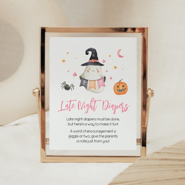 Poster Pink Halloween Ghost Little Boo Diapositives noctu (Little Boo Baby Shower Late Night Diapers Sign)