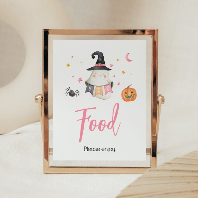Poster Pink Halloween Ghost Little Boot Baby shower Nourr (Little Boo Baby Shower Food Sign)