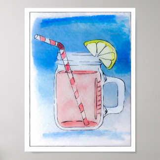 Poster PInk Lemonade Mason Jar Aquarelle