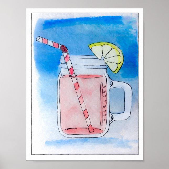 Poster PInk Lemonade Mason Jar Aquarelle (Devant)