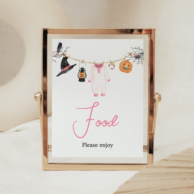 Poster Pink Little Boo Halloween Baby shower (Halloween Baby Clothes Baby Shower Food Sign)
