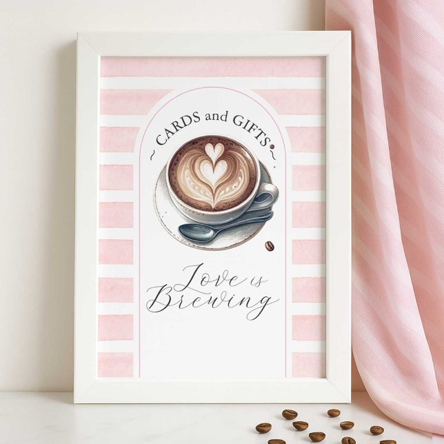 Poster Pink Love brasse des cartes de Fête des mariées et (pink love is brewing bridal shower decorative signs for cards and gifts, small business DoTellABelle)
