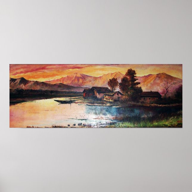 POSTER PINK MOUNTAINS LAC ALPINE SUNSET PAYSAGE (Devant)