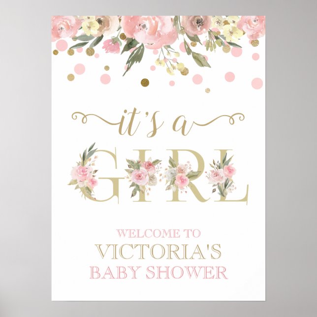 Poster Pink or Aquarelle Baby shower floral (Devant)